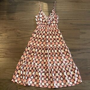 LOFT Petite Pink and Brown Patterned Midi Dress - Size 0P